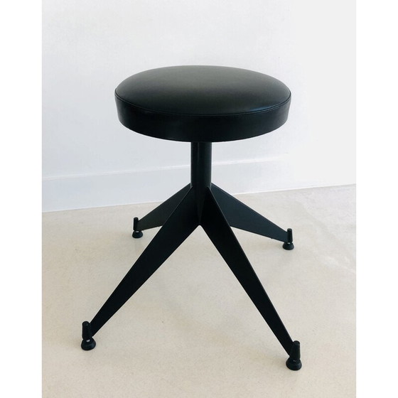 Image 1 of Verstellbarer Vintage-Hocker aus schwarzem Skai, Italien 1980
