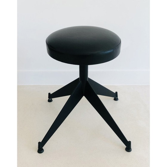 Image 1 of Verstellbarer Vintage-Hocker aus schwarzem Skai, Italien 1980