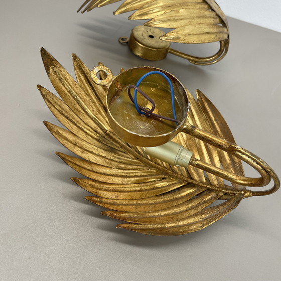 Image 1 of Satz von 2 Hans Kögl Stil Golden Florentiner Blatt Wandleuchten, Italien, 1980