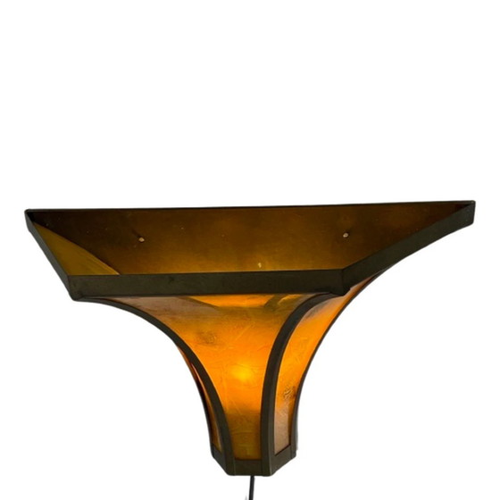 Image 1 of Art Deco – Wandleuchte aus Buntglas – Rahmen aus Bronze – Marmoriert wie Glas