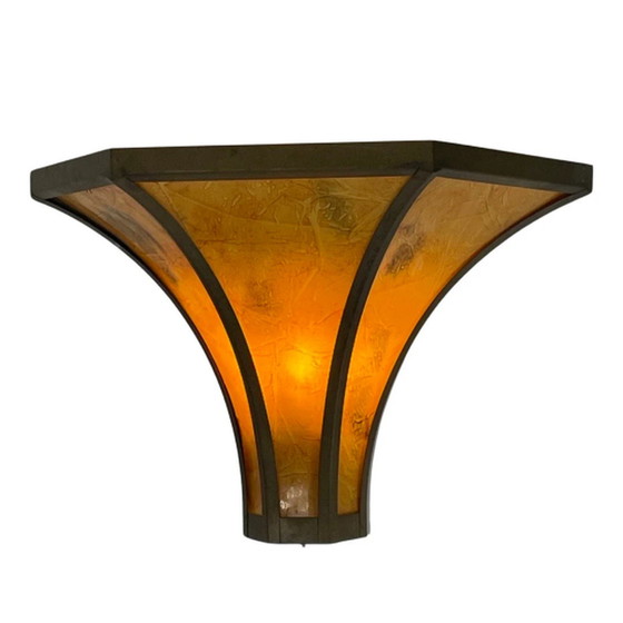 Image 1 of Art Deco – Wandleuchte aus Buntglas – Rahmen aus Bronze – Marmoriert wie Glas