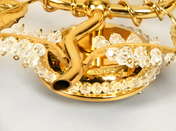 Image 1 of Sehr elegante große florale Messing-Kristallglas-Wandlampe von Ernst Palme aus den 1970er Jahren in ungebrauchtem Zustand