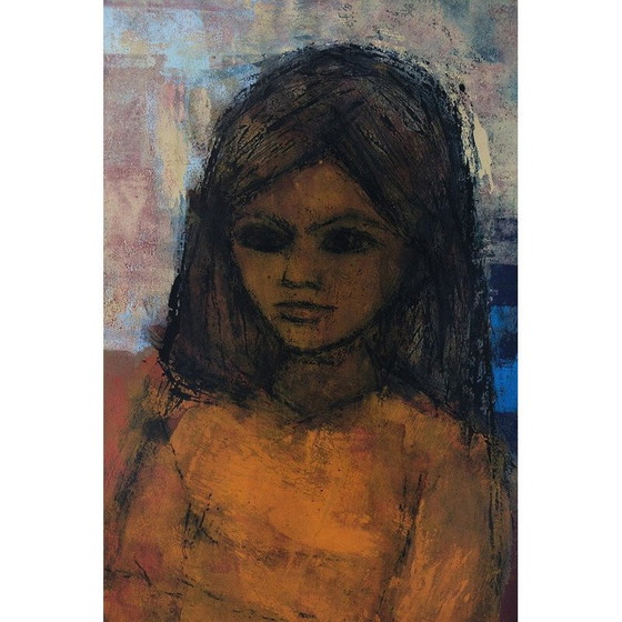 Image 1 of Porträt eines alten Mädchens in Gouache auf Papier von Christian Bjorn Larsen, 1965