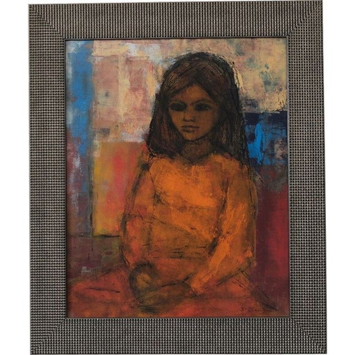 Porträt eines alten Mädchens in Gouache auf Papier von Christian Bjorn Larsen, 1965