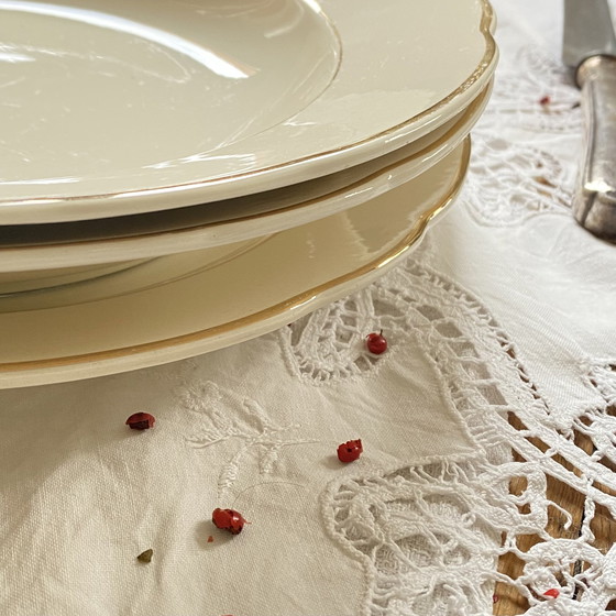 Image 1 of Lot Von 3 Servierplatten Flache Villeroy Et Boch Alte Steingut Beige Farbe Und Vergoldung