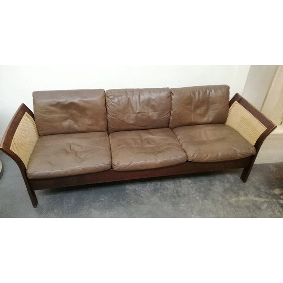 Image 1 of Skandinavisches Sofa aus Schilfrohr und Leder von Thams Kvalitet für Polstermobelfabrik, 1960er Jahre