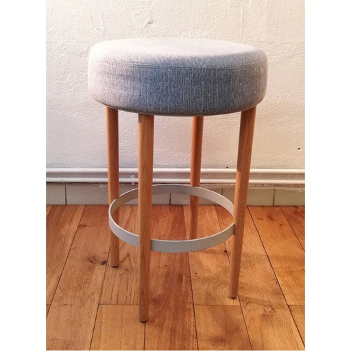 Vintage Hocker aus blauem Stoff und Holz