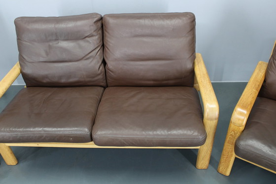 Image 1 of 1970er L. Olsen & Søn Wohnzimmergarnitur aus Eiche und Leder, Dänemark