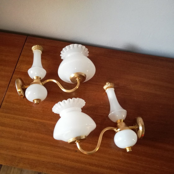 Image 1 of 2 Schwanenhals-Wandleuchten aus vergoldetem Metall und milchigem Glas