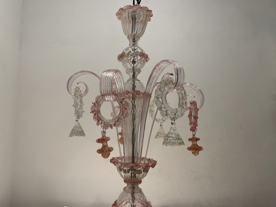 Image 1 of Großer venezianischer Kronleuchter aus mundgeblasenem rosa Glas 1960'S