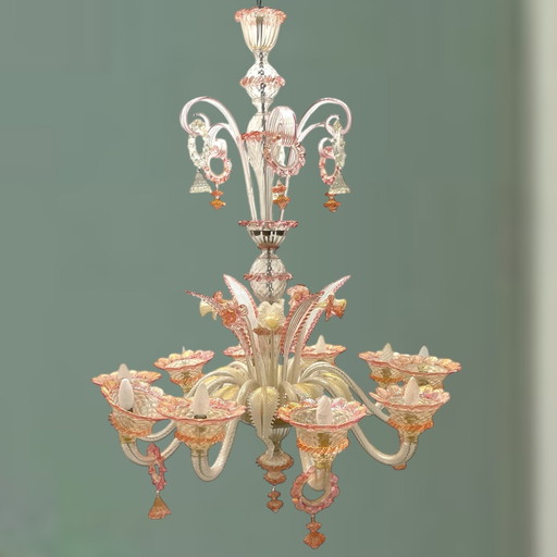 Großer venezianischer Kronleuchter aus mundgeblasenem rosa Glas 1960'S