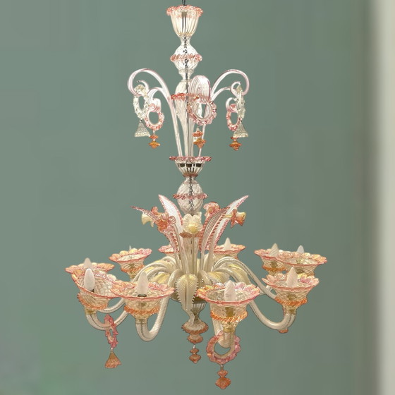 Image 1 of Großer venezianischer Kronleuchter aus mundgeblasenem rosa Glas 1960'S