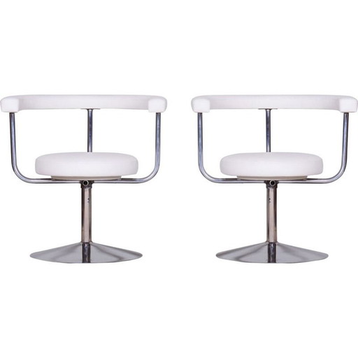 Paar alte weiße Drehsessel aus Leder und Stahl, 1940er Jahre