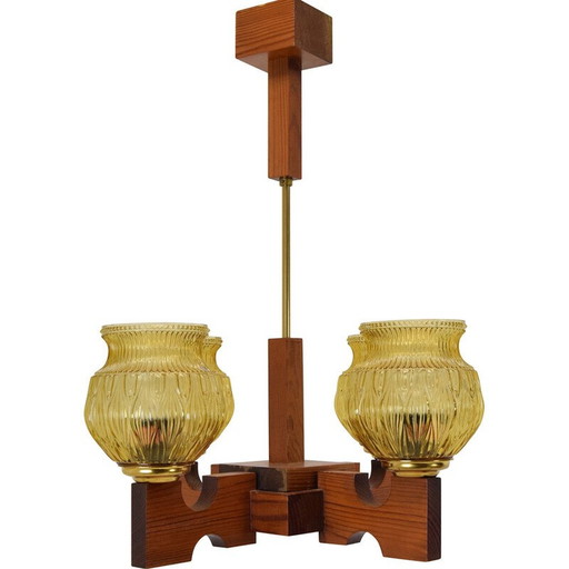 Mid-Century-Kronleuchter aus Glas und Holz, Tschechoslowakei 1980er Jahre