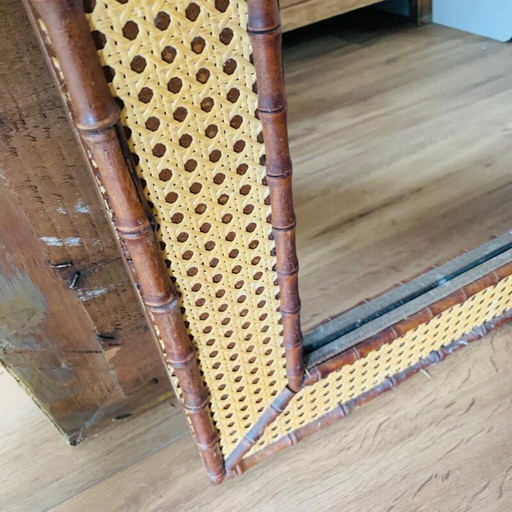 Vintage-Spiegel aus Holz und Schilfrohr