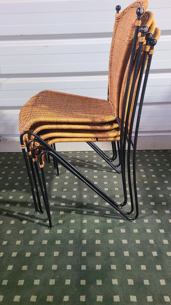 Image 1 of 4 Mid Century Stuhl aus Rattan und Stahldraht