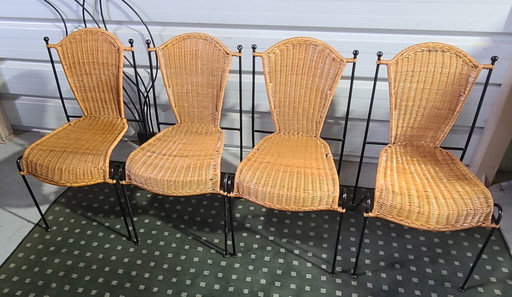 4 Mid Century Stuhl aus Rattan und Stahldraht