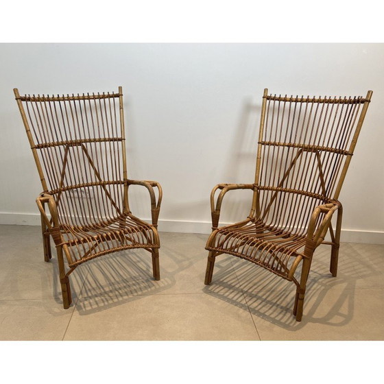 Image 1 of Paar hohe Vintage-Rattansessel, Frankreich 1950