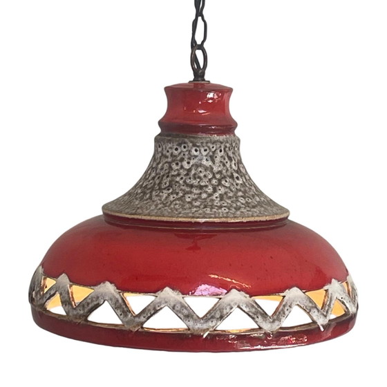 Image 1 of Fat Lava - UFO-förmige Keramik-Hängeampel - Midcentury - Deutschland - BOHO - Rot und Beige