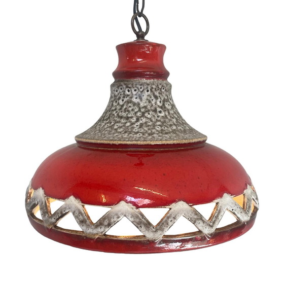 Image 1 of Fat Lava - UFO-förmige Keramik-Hängeampel - Midcentury - Deutschland - BOHO - Rot und Beige