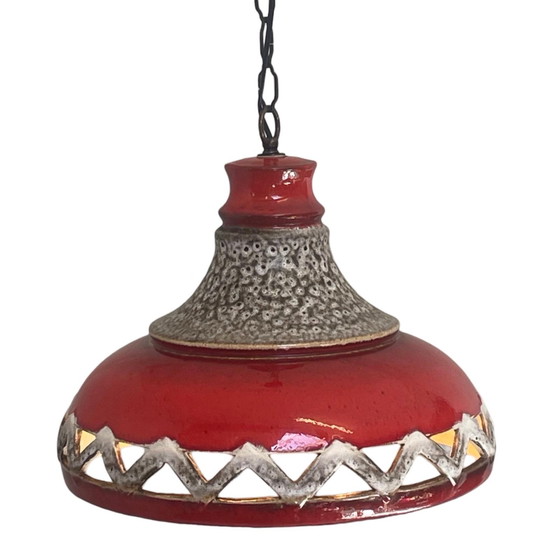 Image 1 of Fat Lava - UFO-förmige Keramik-Hängeampel - Midcentury - Deutschland - BOHO - Rot und Beige