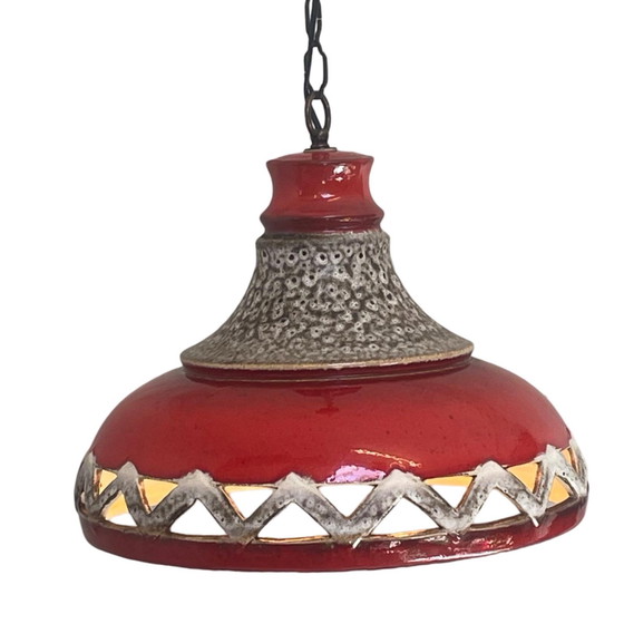 Image 1 of Fat Lava - UFO-förmige Keramik-Hängeampel - Midcentury - Deutschland - BOHO - Rot und Beige