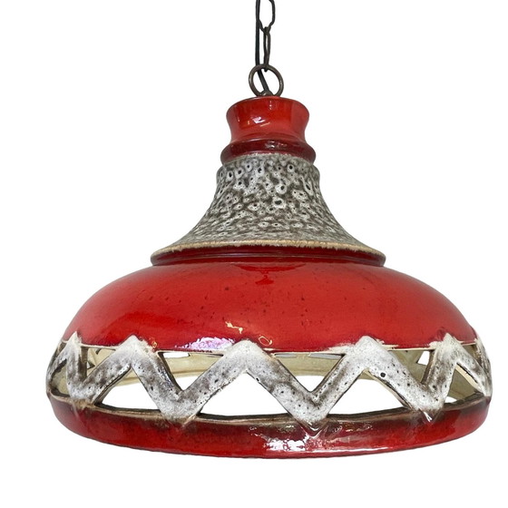 Image 1 of Fat Lava - UFO-förmige Keramik-Hängeampel - Midcentury - Deutschland - BOHO - Rot und Beige