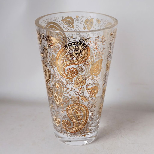 Egizia Italien. Konische Glasvase mit kunstvollem goldfarbenem Dekor.