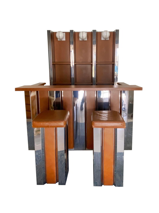 Image 1 of Willy Rizzo Außergewöhnliche und seltene Bar von Willy Rizzo Leder und Edelstahl