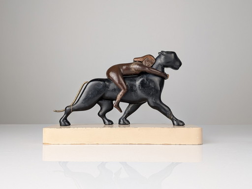 Ariadne und der Panther, Art-Deco-Skulptur aus Holz und Messing, 1920er Jahre