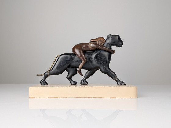 Image 1 of Ariadne und der Panther, Art-Deco-Skulptur aus Holz und Messing, 1920er Jahre