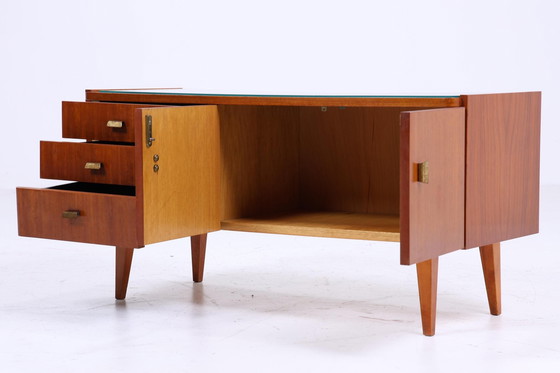 Image 1 of Dunkle Vintage Schubladen Kommode 60er Jahre | Mid Century Lowboard Retro 70er Holz Glasplatte