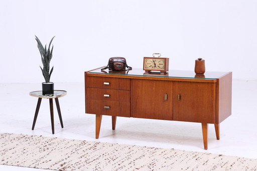 Dunkle Vintage Schubladen Kommode 60er Jahre | Mid Century Lowboard Retro 70er Holz Glasplatte