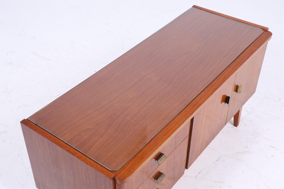 Image 1 of Dunkle Vintage Schubladen Kommode 60er Jahre | Mid Century Lowboard Retro 70er Holz Glasplatte