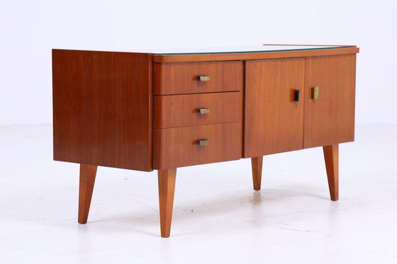 Image 1 of Dunkle Vintage Schubladen Kommode 60er Jahre | Mid Century Lowboard Retro 70er Holz Glasplatte