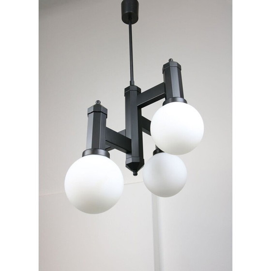 Image 1 of Geometrische Aufhängung aus schwarzem Glas und Opalglas im Vintage-Stil