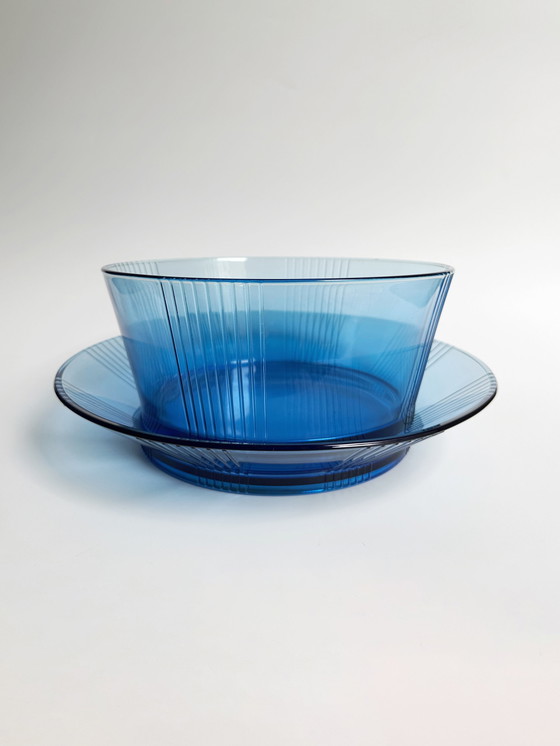 Image 1 of Art Deco Revival 80Er Tisch Set Platte Schüssel Glas Blau Servier