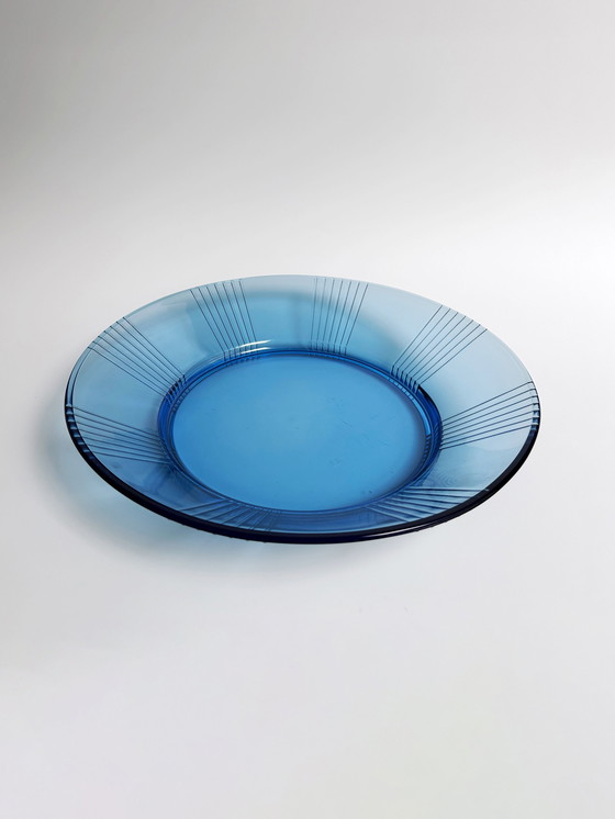 Image 1 of Art Deco Revival 80Er Tisch Set Platte Schüssel Glas Blau Servier