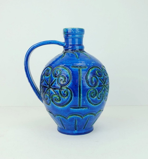 Image 1 of große italienische Italica Ars Krugvase aus der mid century, blaue Rimini-Glasur