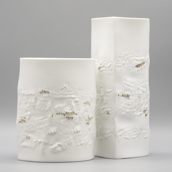 Image 1 of Chic Hutschenreuther Biskuit Porzellan Vase Duo Weiß Matt Gold Highlights Mcm
