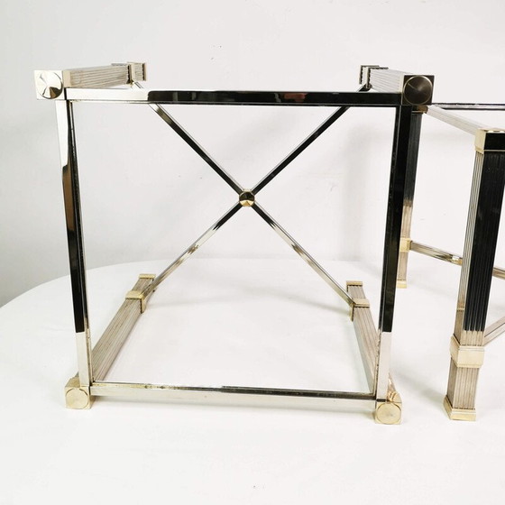 Image 1 of Paar Vintage-Couchtische "Hollywood Regency" aus Metall und dickem Glas von Pierre Vandel, Frankreich 1980