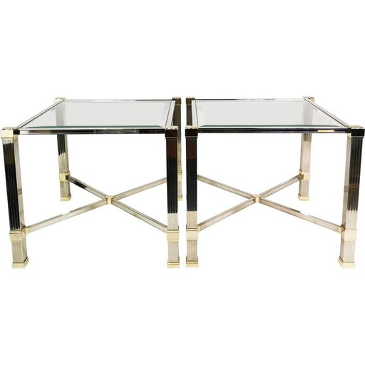 Paar Vintage-Couchtische "Hollywood Regency" aus Metall und dickem Glas von Pierre Vandel, Frankreich 1980