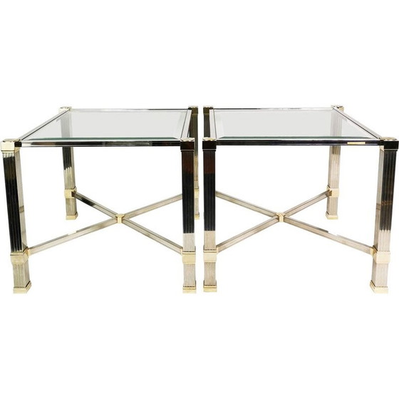 Image 1 of Paar Vintage-Couchtische "Hollywood Regency" aus Metall und dickem Glas von Pierre Vandel, Frankreich 1980