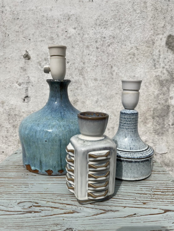 Image 1 of Große dänische Steingut-Tischlampe, skandinavisch, Vintage Tischlampe/Lampenfuß mit blauer Glasur, 1970er