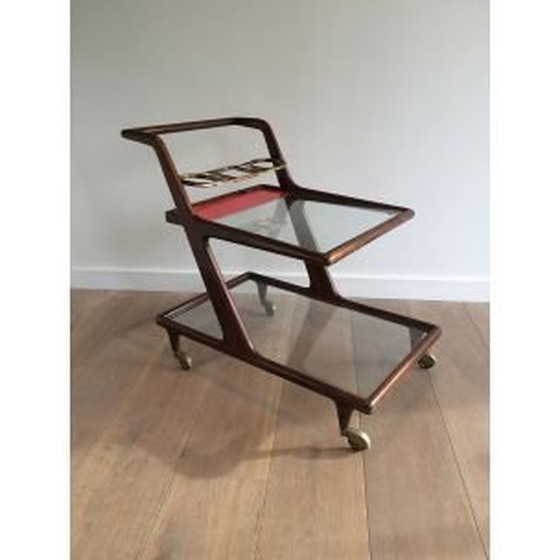 Image 1 of Vintage Tisch aus Holz, Messing und Glas auf Rädern, 1950