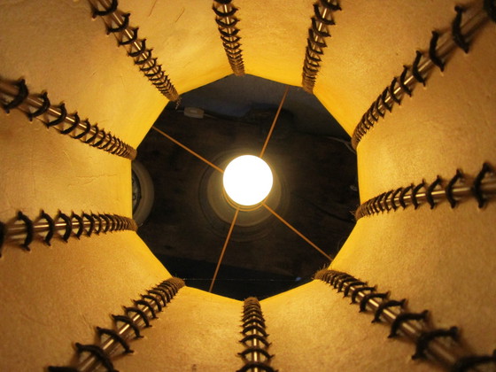 Image 1 of Vintage Rare Heavy Antique Wagon Wheel Ash Lampe mit echtem Leder Lampenschirm