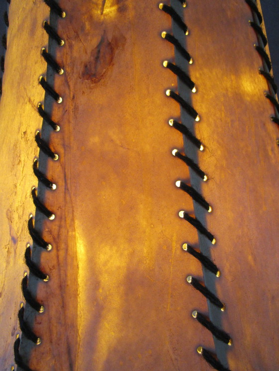 Image 1 of Vintage Rare Heavy Antique Wagon Wheel Ash Lampe mit echtem Leder Lampenschirm