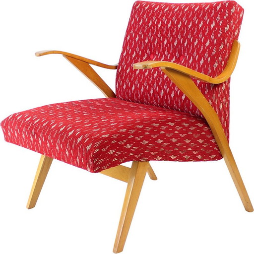 Mid Century Sessel aus rotem Stoff und blondem Holz von Mier, Tschechoslowakei 1960er Jahre