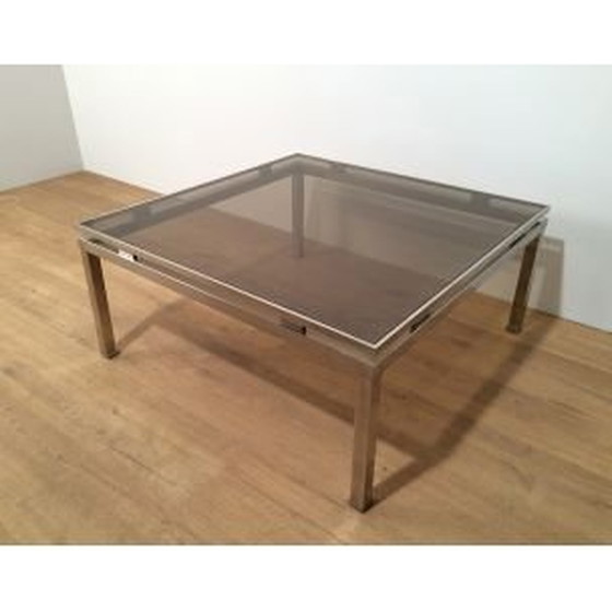 Image 1 of Quadratischer Vintage-Couchtisch aus gebürstetem Metall und Glas von Guy Lefèvre, 1970