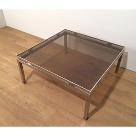 Image 1 of Quadratischer Vintage-Couchtisch aus gebürstetem Metall und Glas von Guy Lefèvre, 1970